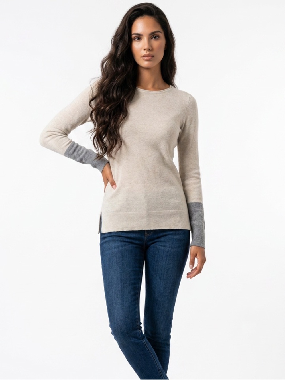 Club Monaco Cashmere Sweater Womens XS Cream Grey Colorblock Crewneck  339
